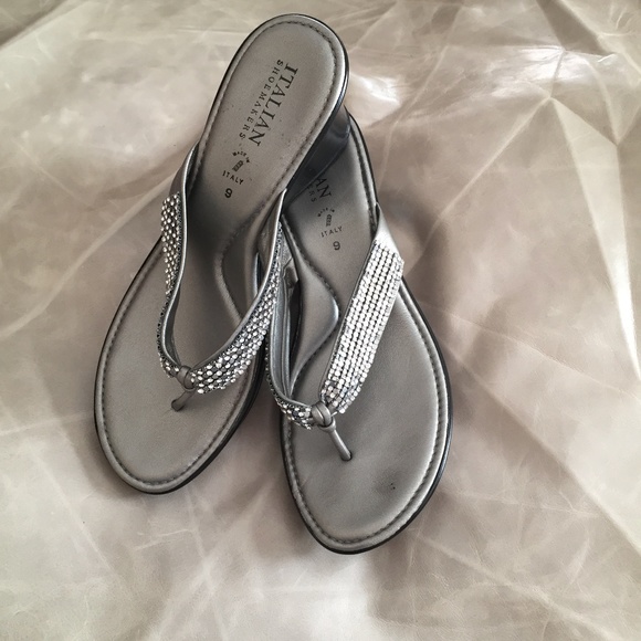 silver thong wedge sandals